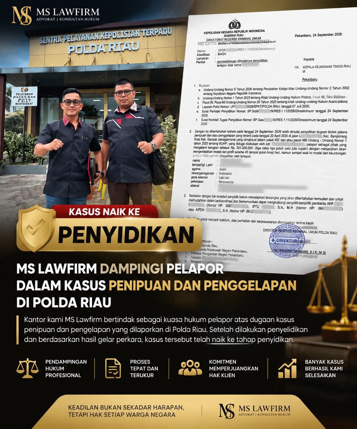 Dugaan Penipuan Pengusaha Kampar Naik ke Penyidikan, MS Law Firm Kawal Proses Hukum